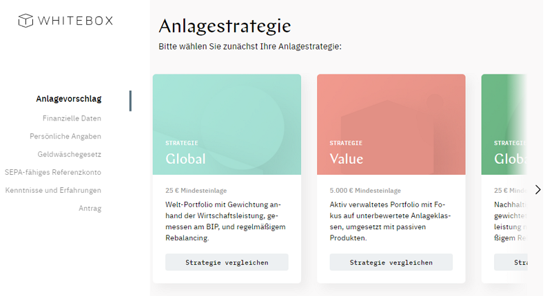 Anlagestrategie auswählen bei Whitebox