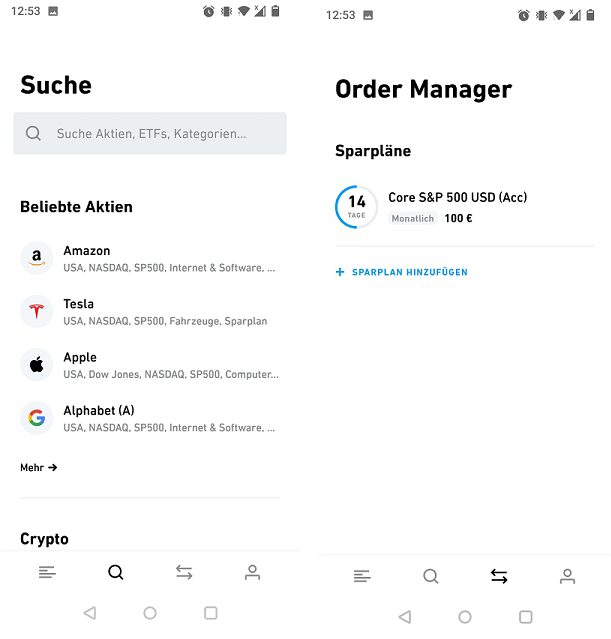 Suche und Order Manager bei Trade Republic